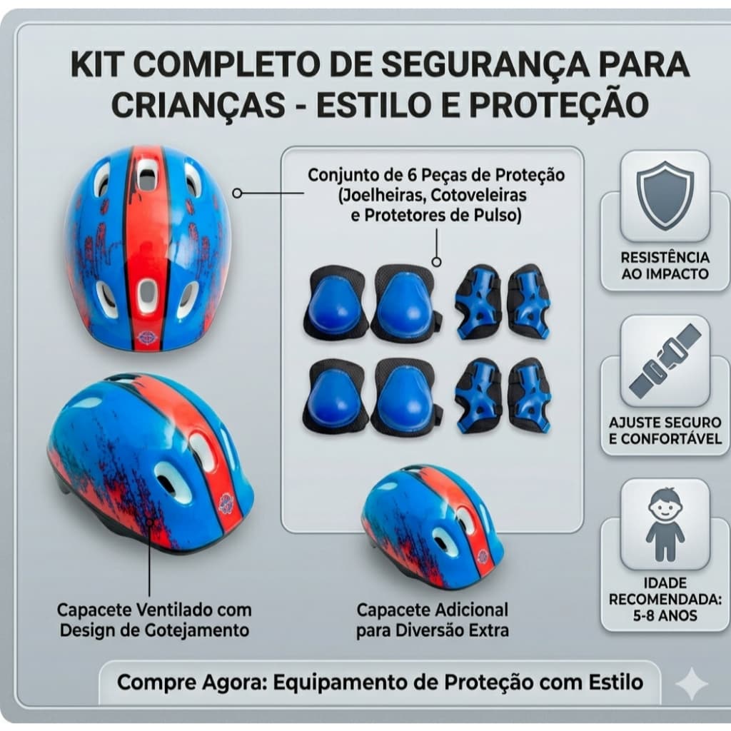 Kit Protecao Infantil Completo Capacete 7 Pecas Acessorios Seguro Confortavel Azul Vermelho