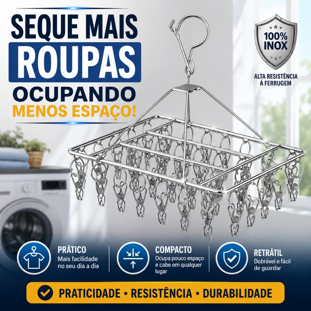 Varal Retrátil Inox com 40 Prendedores Suspenso Dobrável