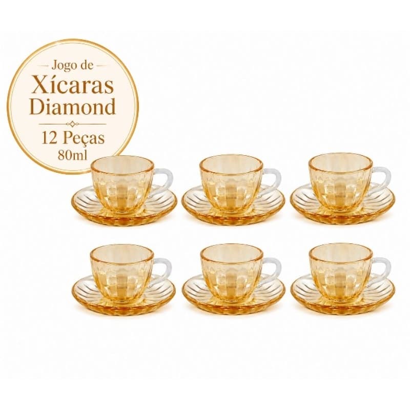 Jogo Xícaras Âmbar Diamond 12 Peças 80ml Vidro Elegante Café Chá Mesa Posta Premium ResistenteLuxo