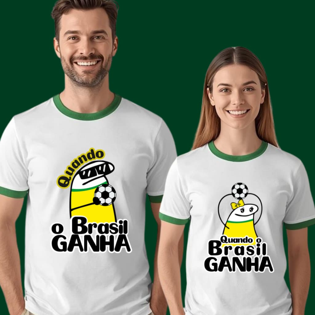 Camiseta Unissex Estampa Quando O Brasil Ganha Flork Copa Gola Verde