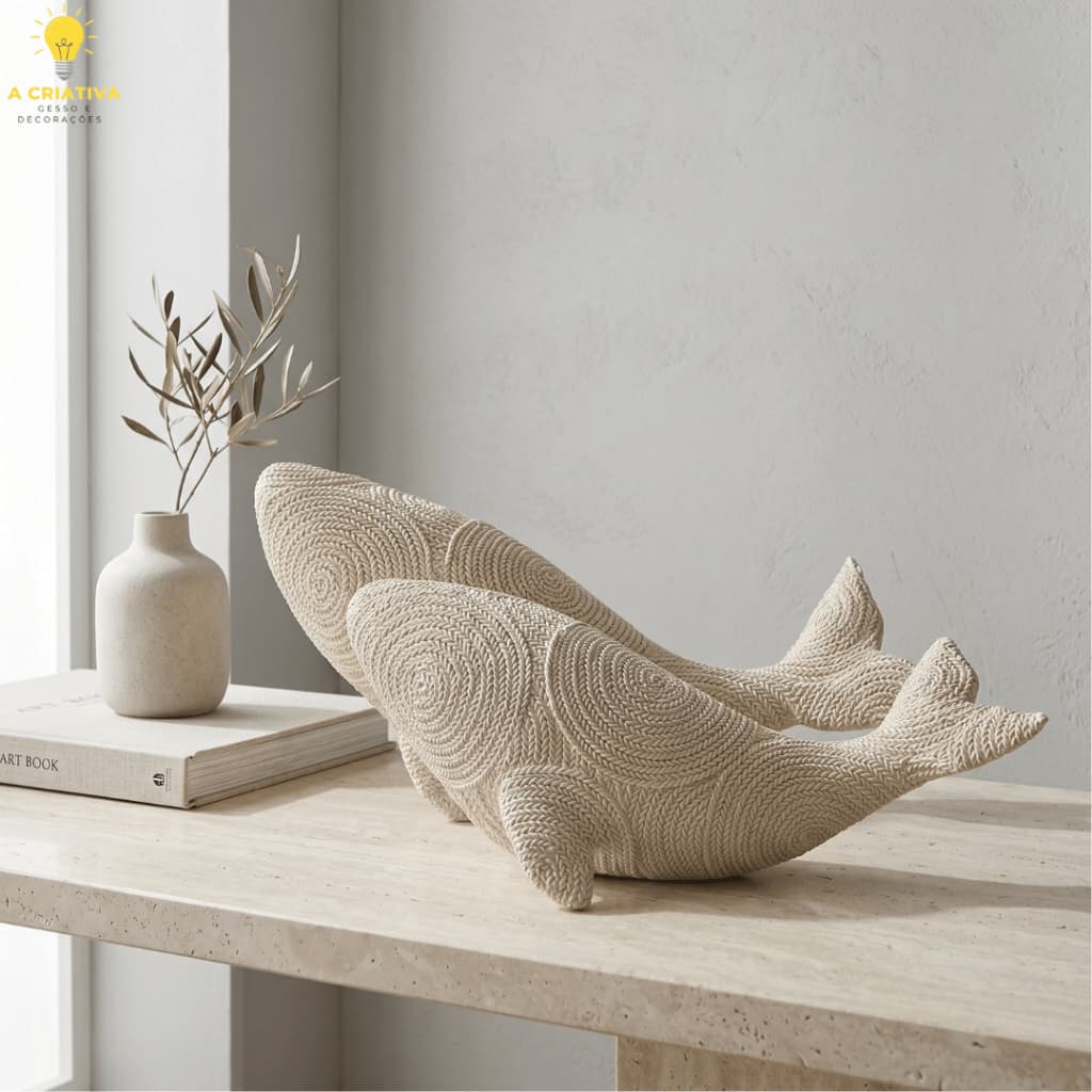 Kit Baleias Decorativas Textura Crochê em Gesso Premium M + G | Escultura Minimalista Sofisticada
