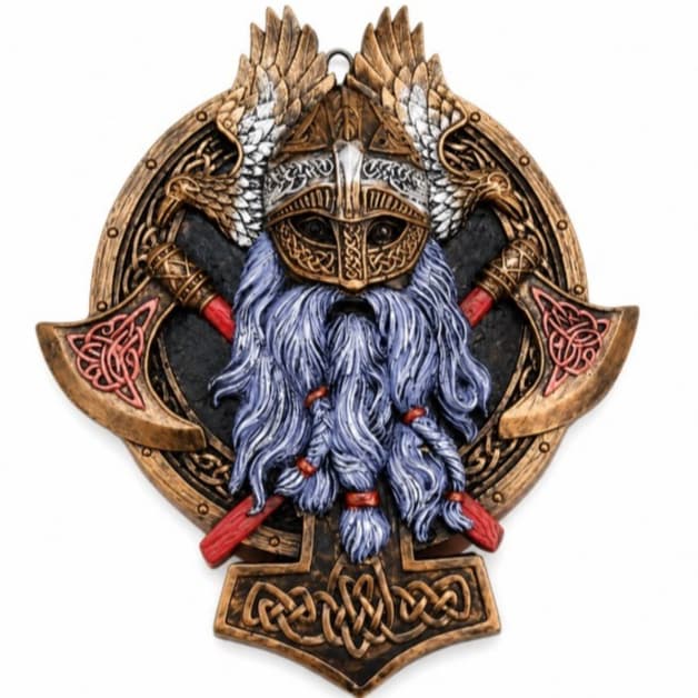 Placa Pequena De Parede Guerreiro Viking Odin Berserker 19cm Escudo Machado em Resina