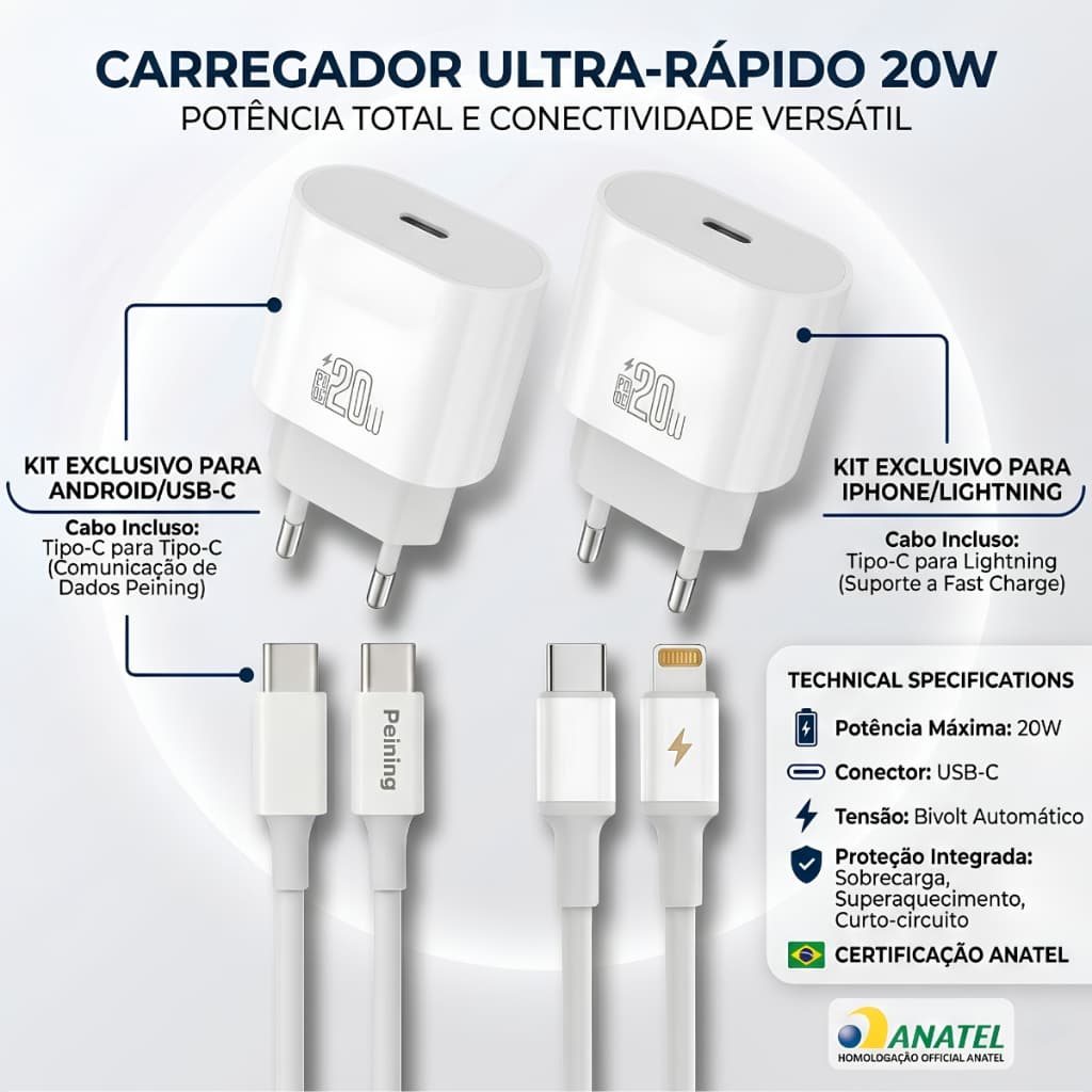 Carregador Turbo Branco 20w Carga Rápida Compatível Iphone