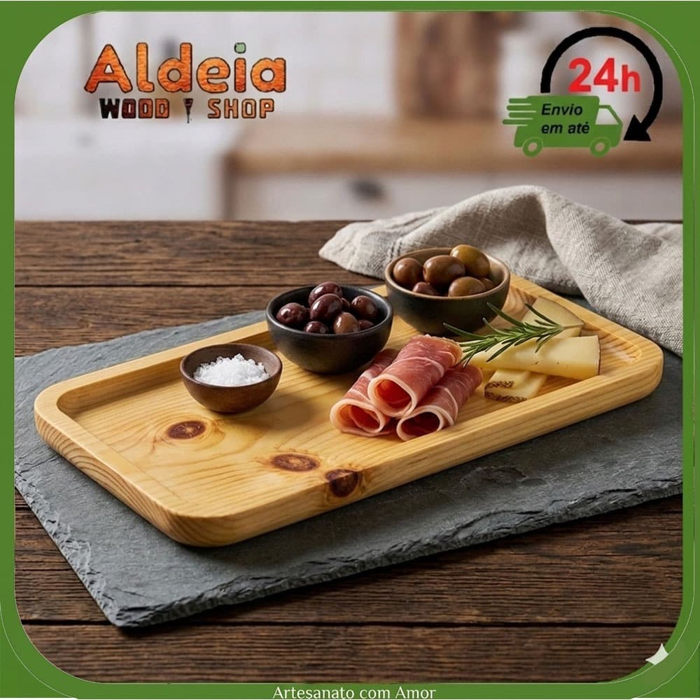 Prato Bandeja Madeira Pinus Retangular Cozinha Petisqueira Tábua 30x15