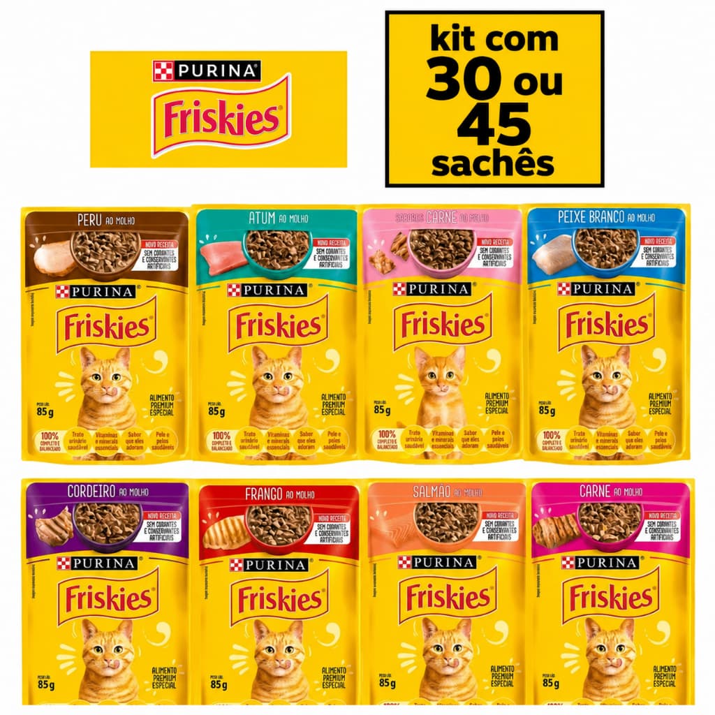 Kit 30 ou 45 Sachês Friskies Alimento Úmido Gatos Carne Frango Atum Peixe Branco Cordeiro Salmão Peru - 2cxs ou 3cxs.