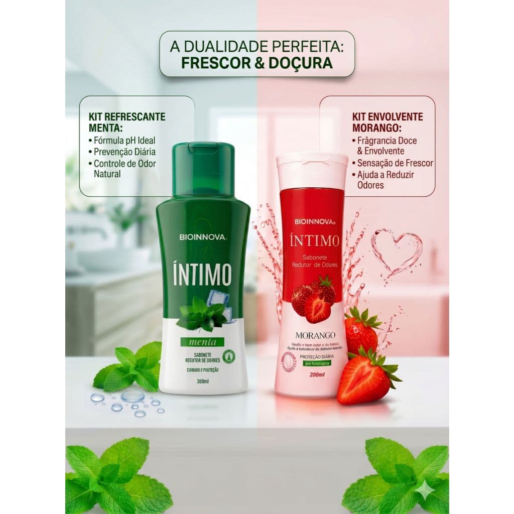 Kit Sabonete Intimo BioInnova Menta e Morango Combo 2x 200ml Sabonete Liquido Corporal Frescor Doçura Redutor De Odores