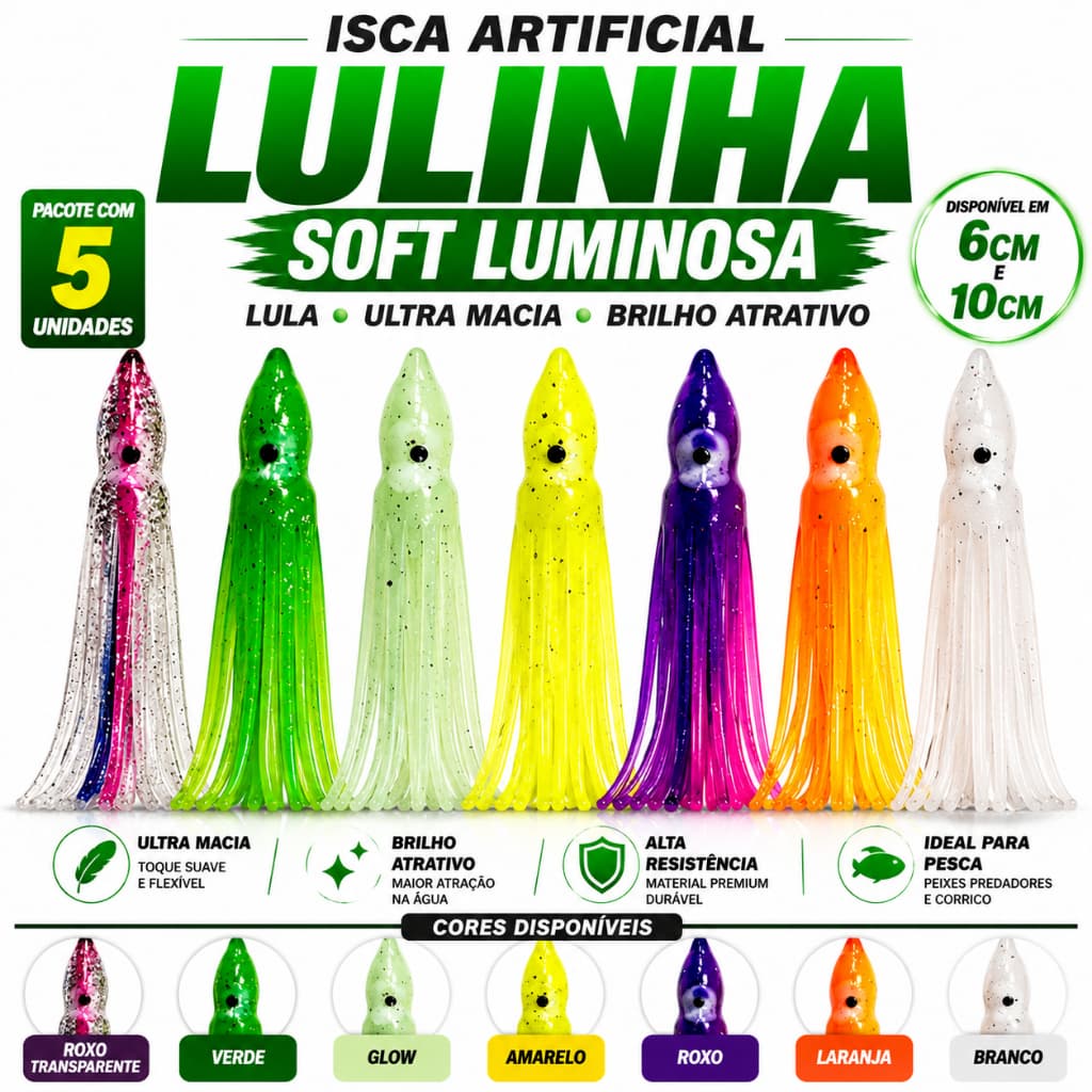 Isca Artificial Lulinha Soft Luminosa Lula Pacote com 5 Unidades 6 cm ou 10 cm Variedade de cores