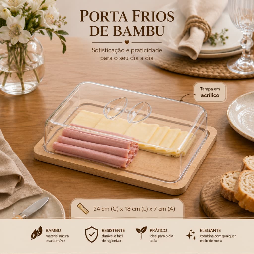 Porta Frios Bambu com Tampa Acrílica – Elegante para Mesa Posta e Café da Manhã