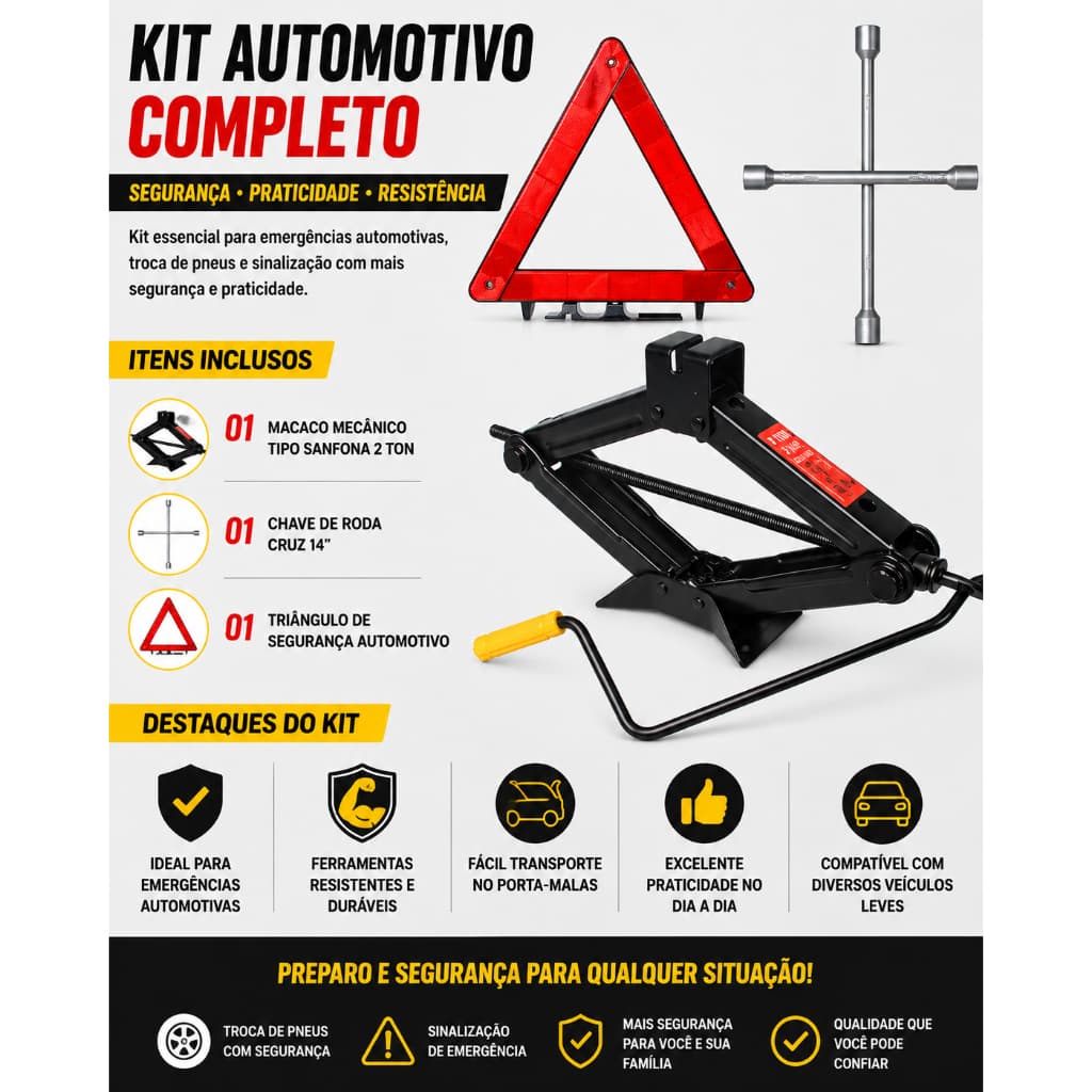 Kit Estepe Macaco Mecânico Sanfona 2T Universal + Chave De Roda Cruz + Triângulo de Sinalização