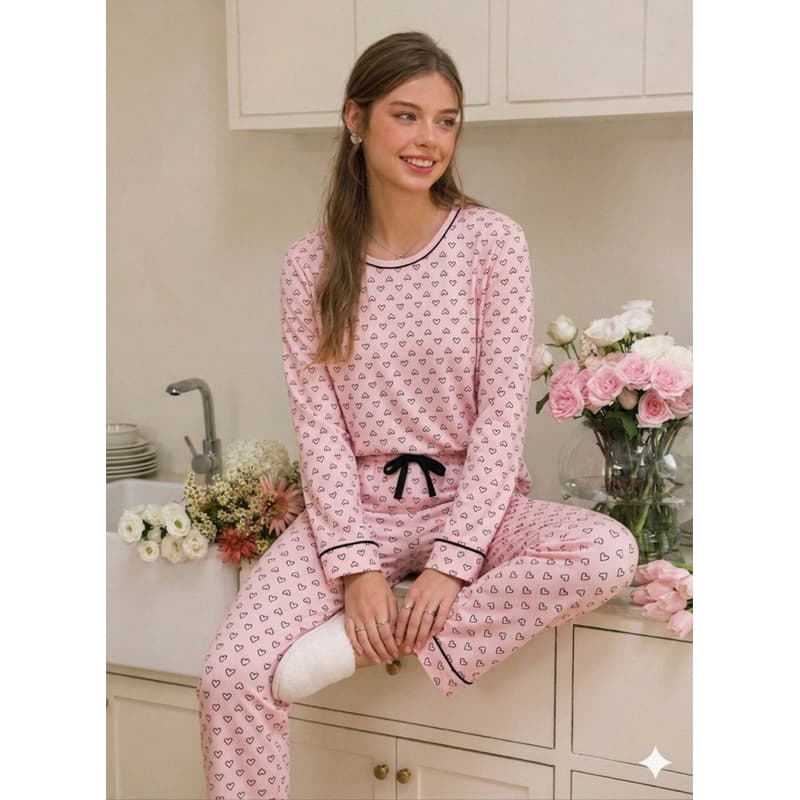 Pijama Feminino Longo coração rosa inverno conforto premium
