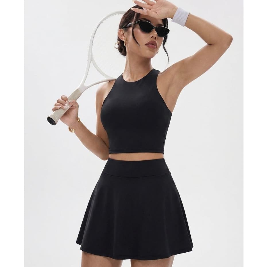 Conjunto short saia academia beach tenis preto tennis fitness legging