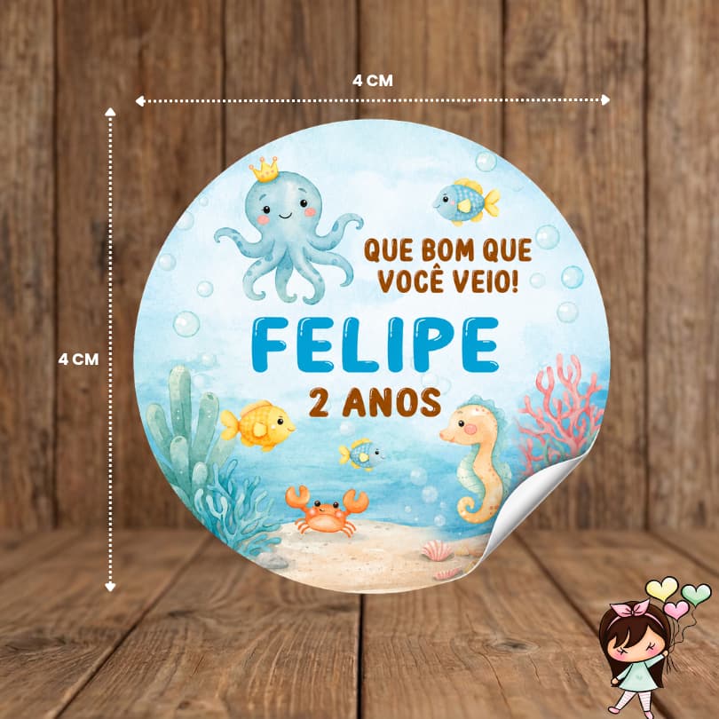 ADESIVO REDONDO 4CM  | PARA LEMBRANCINHAS DE ANIVERSÁRIO  |  FUNDO DO MAR