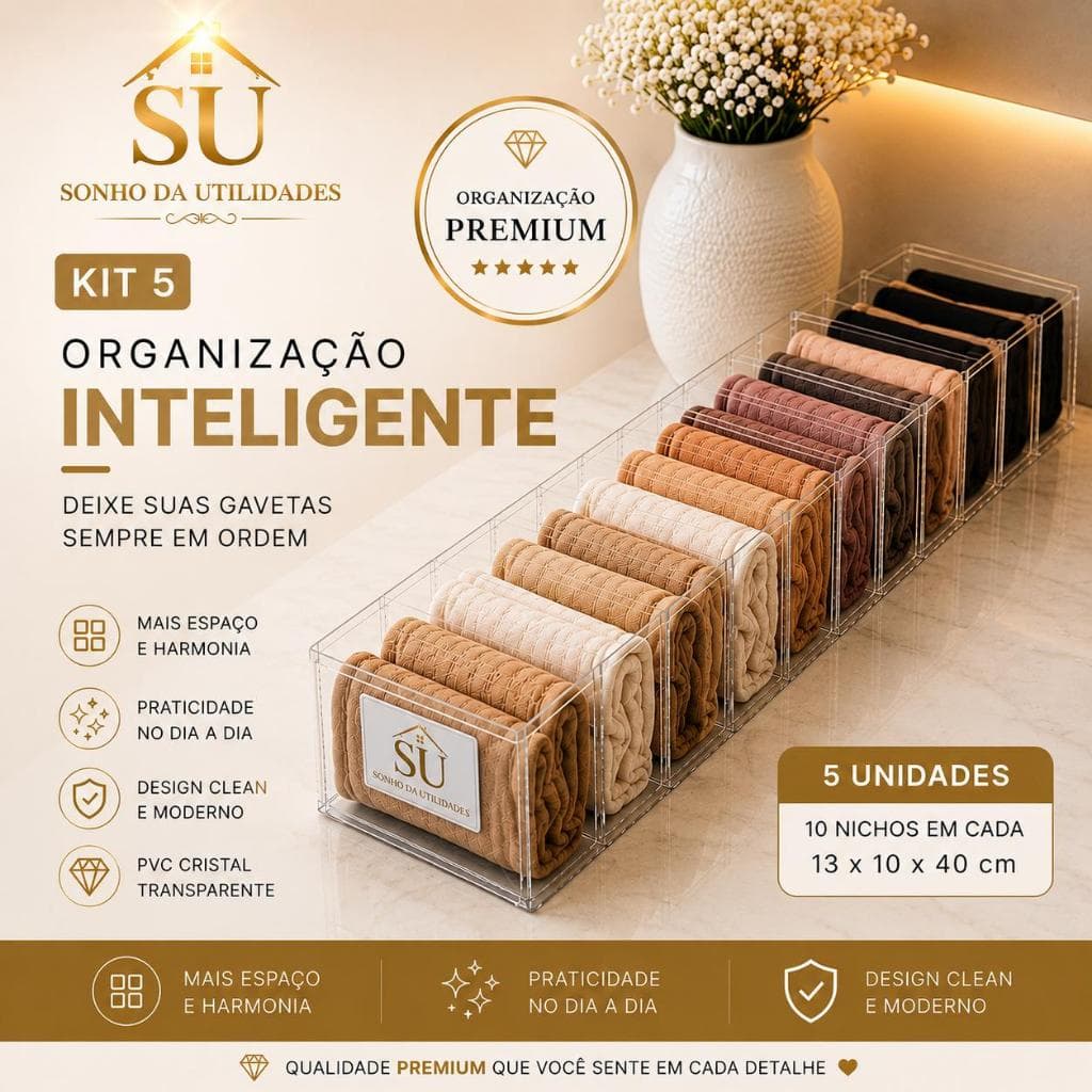 Kit 5 Colmeias Organizadoras Premium Clean Transparente PVC Cristal Luxo 10 Nichos
