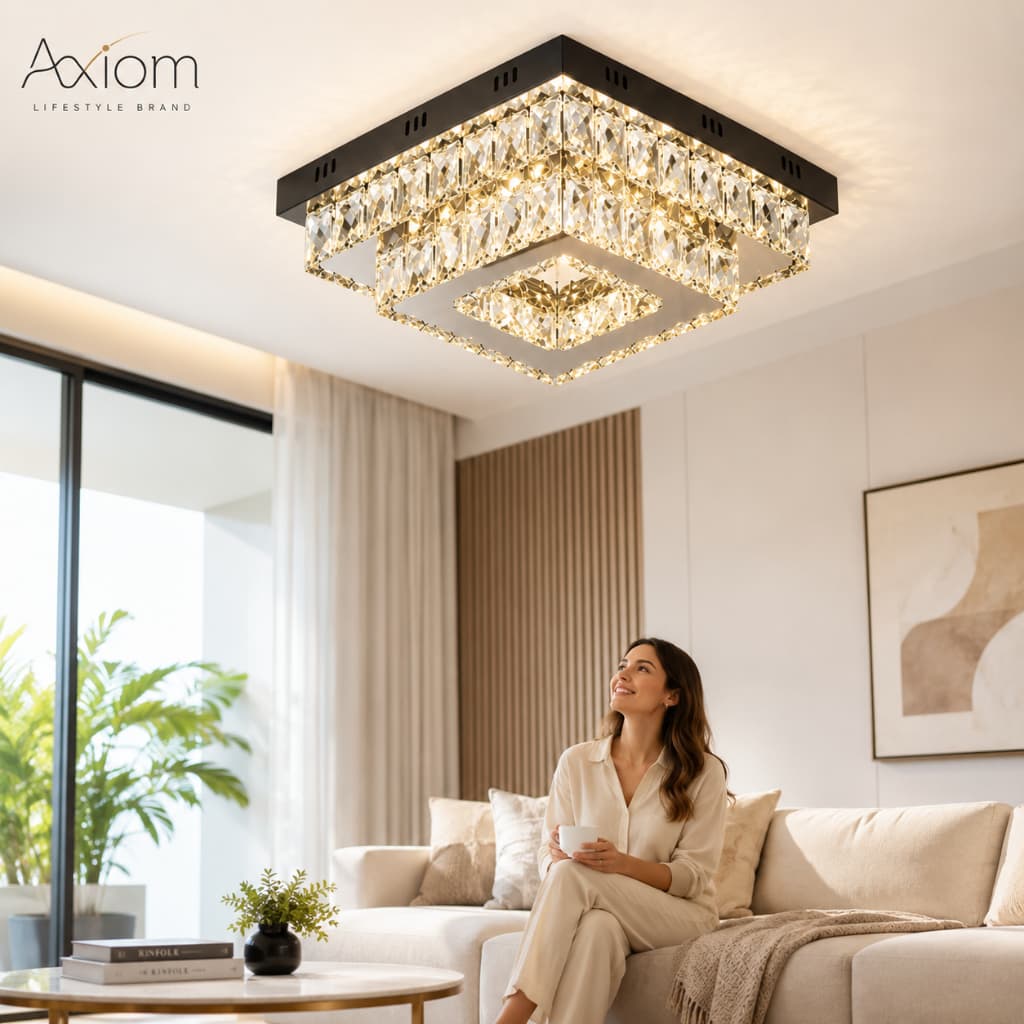 Lustre Plafon Cristal K9 Axiom Quadrado LED Bivolt 2 Cores Sobrepor Moderno Teto Sala Quarto