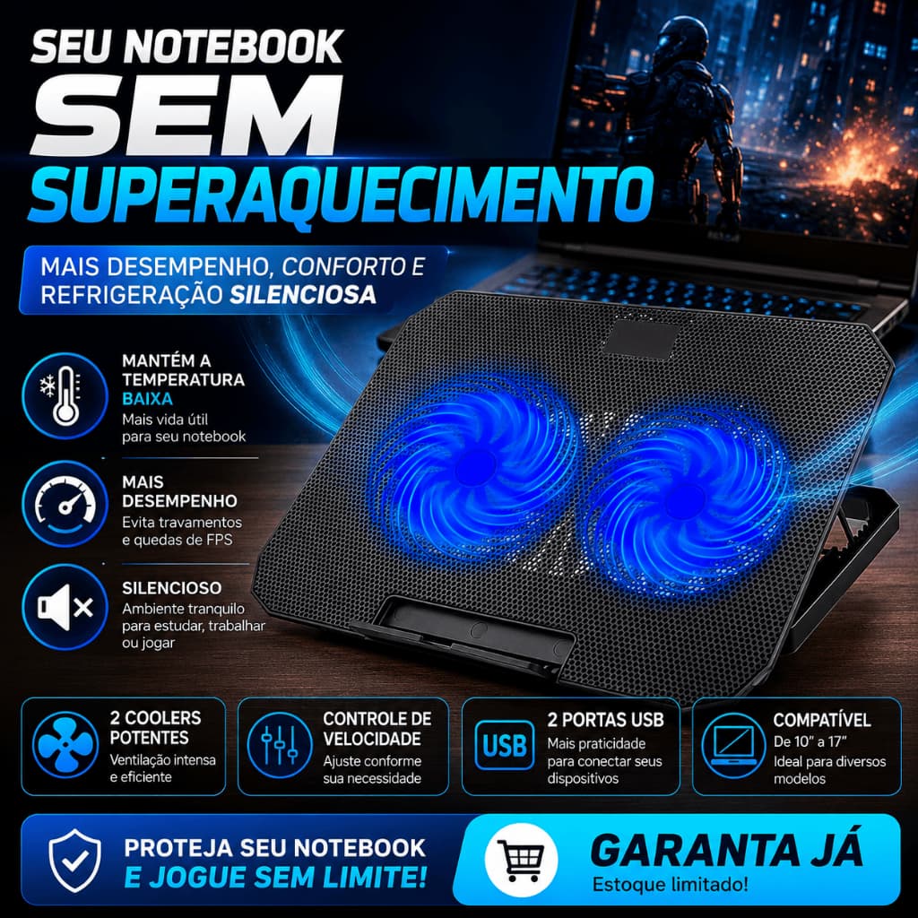Suporte para Notebook Cooler Duplo LED Ergonômico Resfriar Notebook Ventilação Silenciosa Ajustável