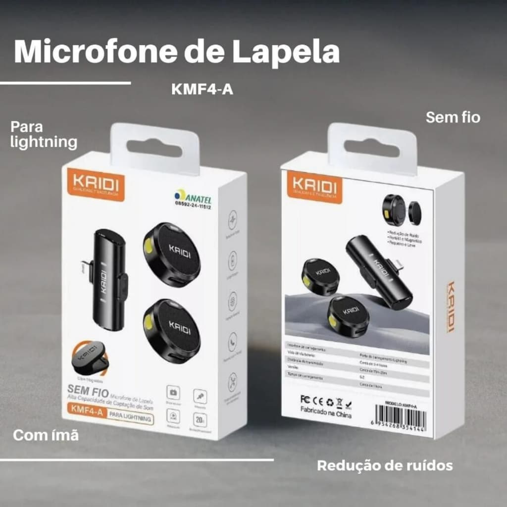 Microfone Lapela Kaidi KMF4 Com Imã Anti Ruido Redondo - Lightning (IPhone 8 ao 14)  Tipo-C