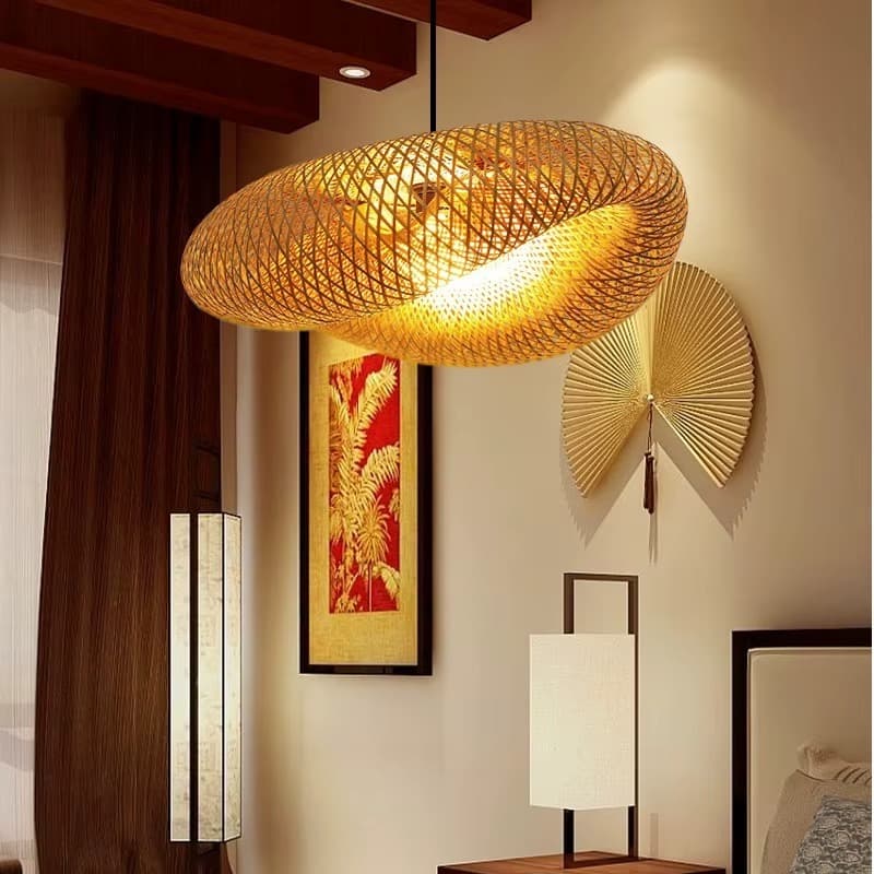 Luminária De Malha Bambu Luminária Tecelagem Lâmpada Pendurada Restaurante Lustres Decoração Casa