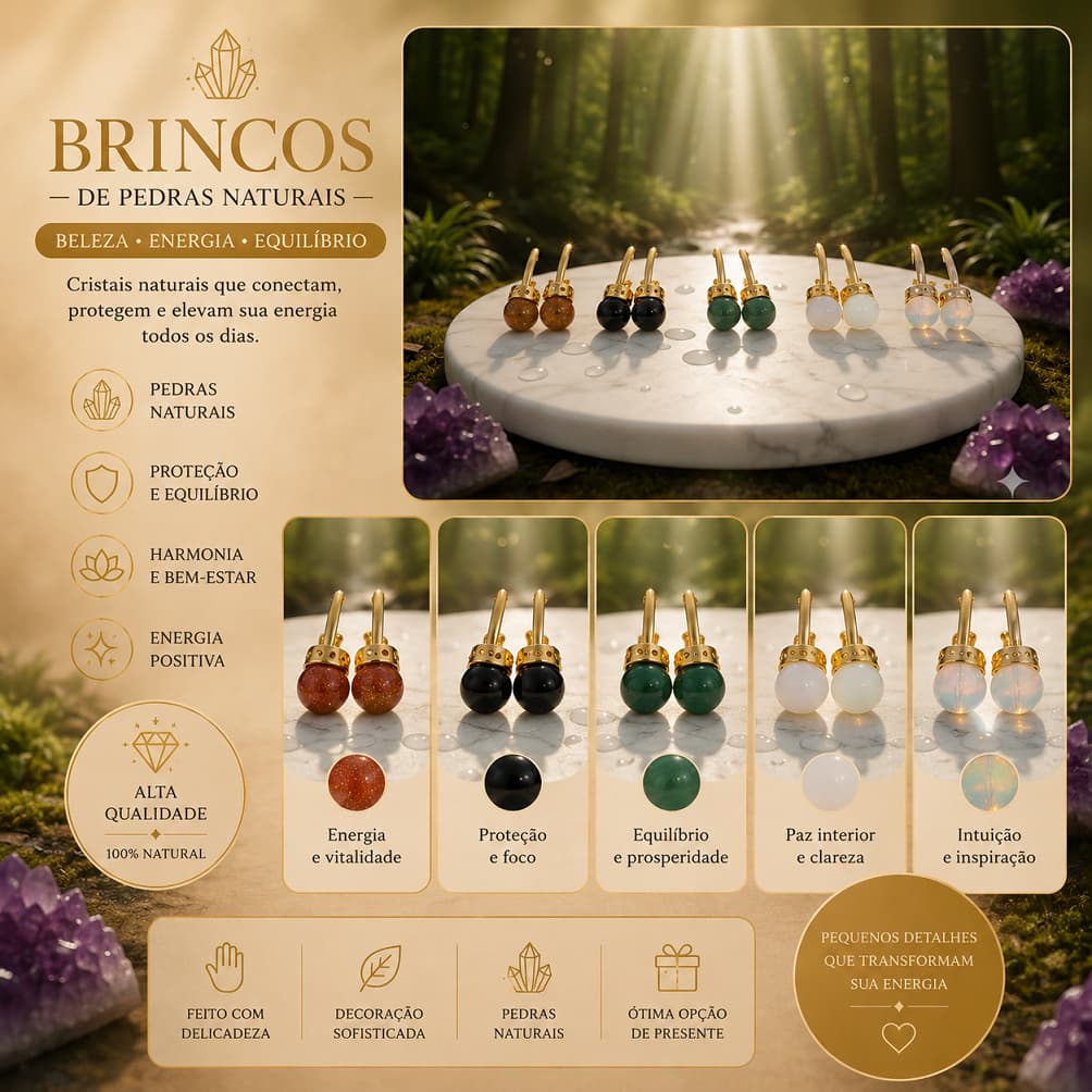 Brinco Feminino Princesa Pedra Natural Cristal Energia Positiva Proteção Presente Artesanal