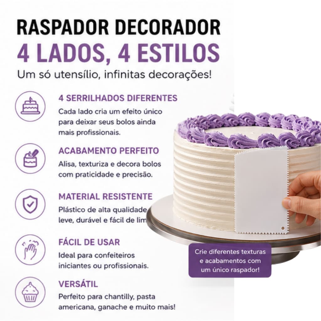 Espátula Decoradora Raspadora de Bolo 4 Lados Serrilhada 13 cm Confeitaria para Chantilly Pasta Americana