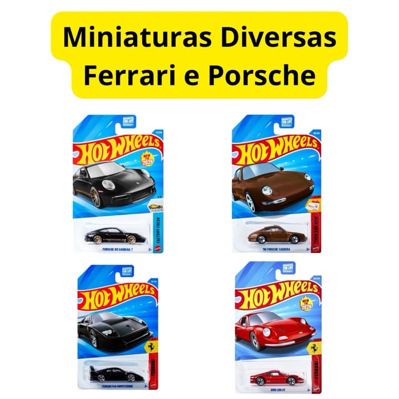 Carrinho Miniatura Hot Wheels Diversos Porsche Carrera e Ferrari F40 Competizione Preta, Dino