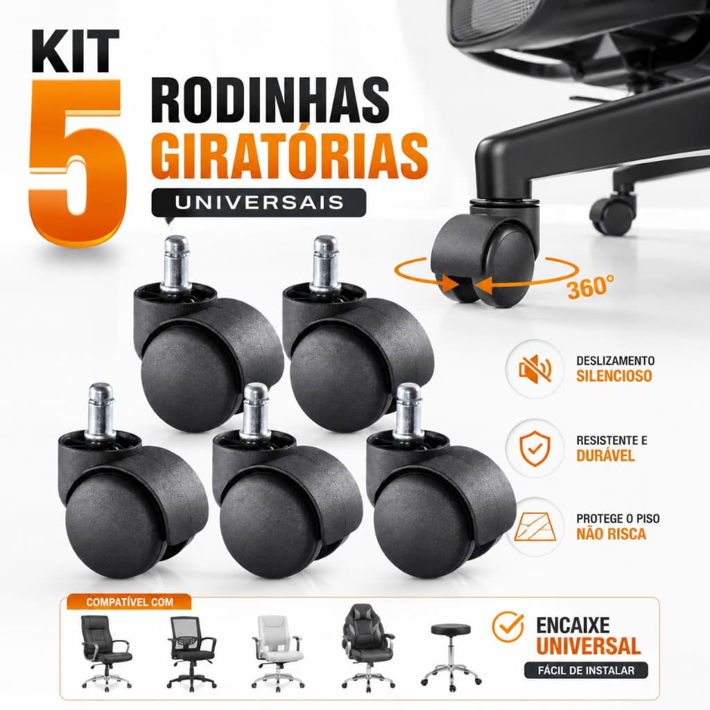 Kit 5 Rodinhas Giratórias Rodas Cadeira Escritório Reposição Base Universal