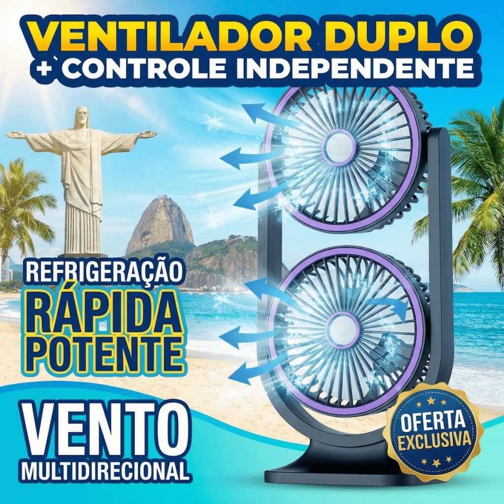 Ventilador de Dupla Cabeça com Turbina Dupla - Refrigeração Eficiente + Bateria Longa Duração para Casa e Exterior