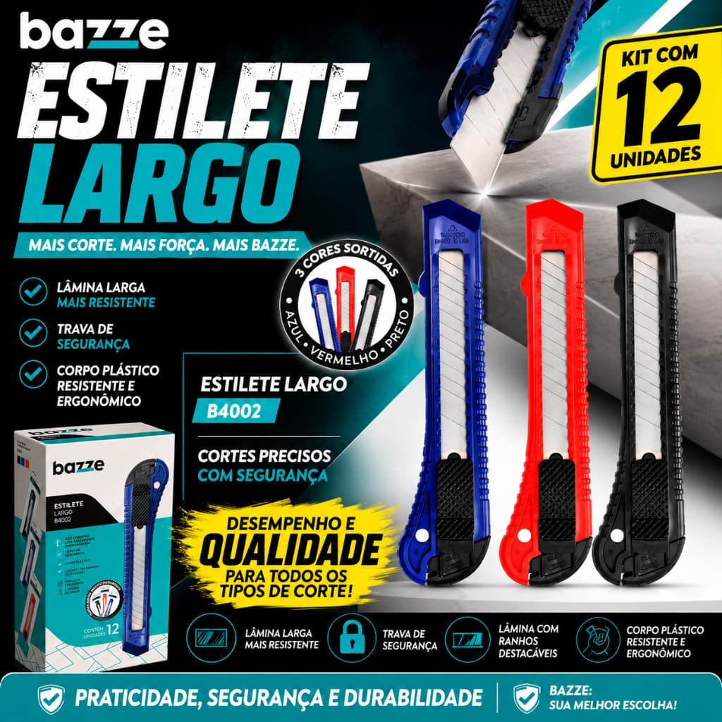 Caixa com 12 Estiletes Largos Bazze B4002 Profissionais com Trava de Segurança