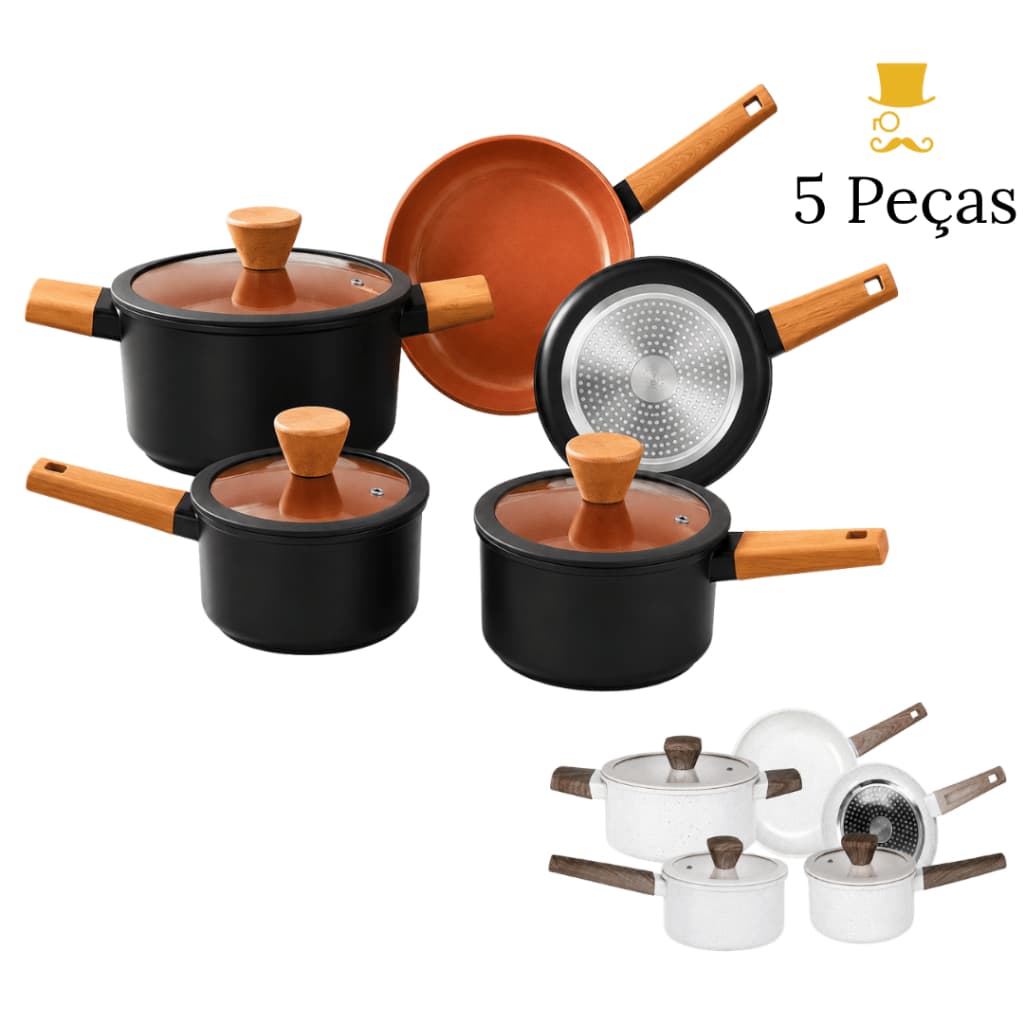 Conjunto de Panelas Gourmet 5 Peças Antiaderente Branco Marmorizado com Tampas de Vidro