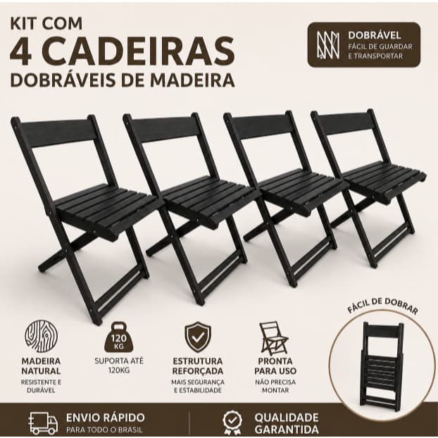 Kit 4 Cadeiras Banqueta Assento De Madeira Natural Dobrável Restaurante Bar Lanchonete