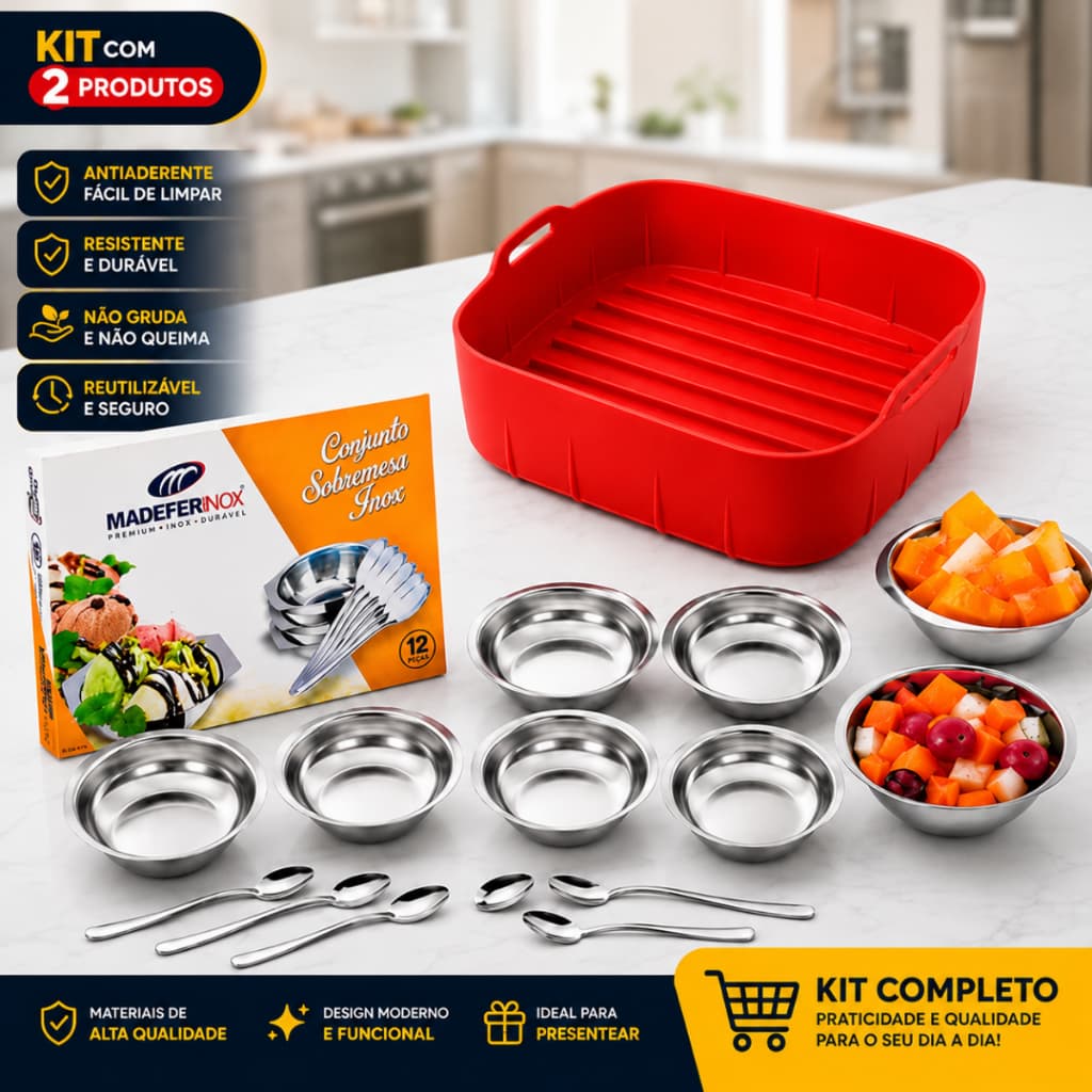 Kit Forma Silicone Air Fryer + Conjunto Sobremesa Inox 12 Peças