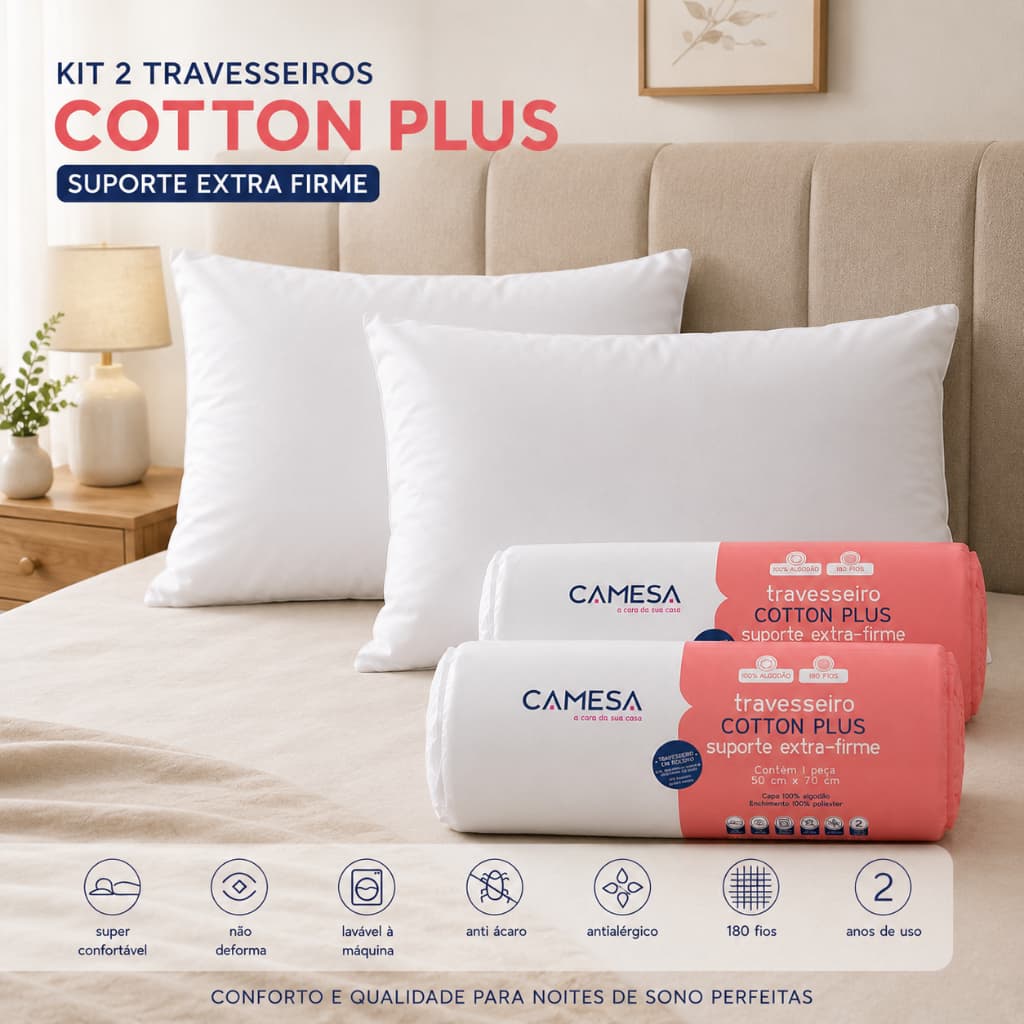 Travesseiro Camesa Kit 2 Cotton Plus 180 Fios 50x70 Extrafirme a Vácuo