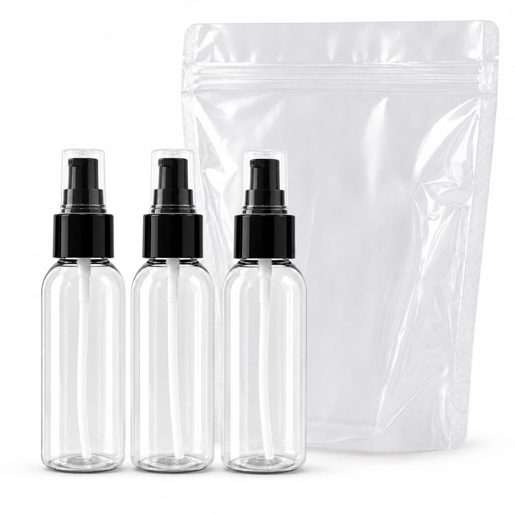 Kit Viagem Avião 3 Frascos 60ml Reutilizáveis Com Necessaire Ziplock