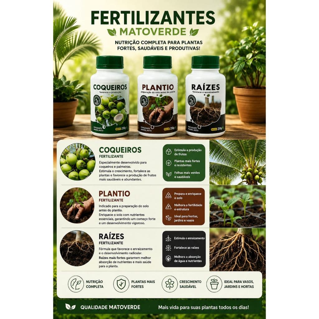 ADUBO FERTILIZANTE MIX COM 3 FERTILIZANTES COQUEIROS, RAÍZES E PLANTIO MATO VERDE JARDINAGEM
