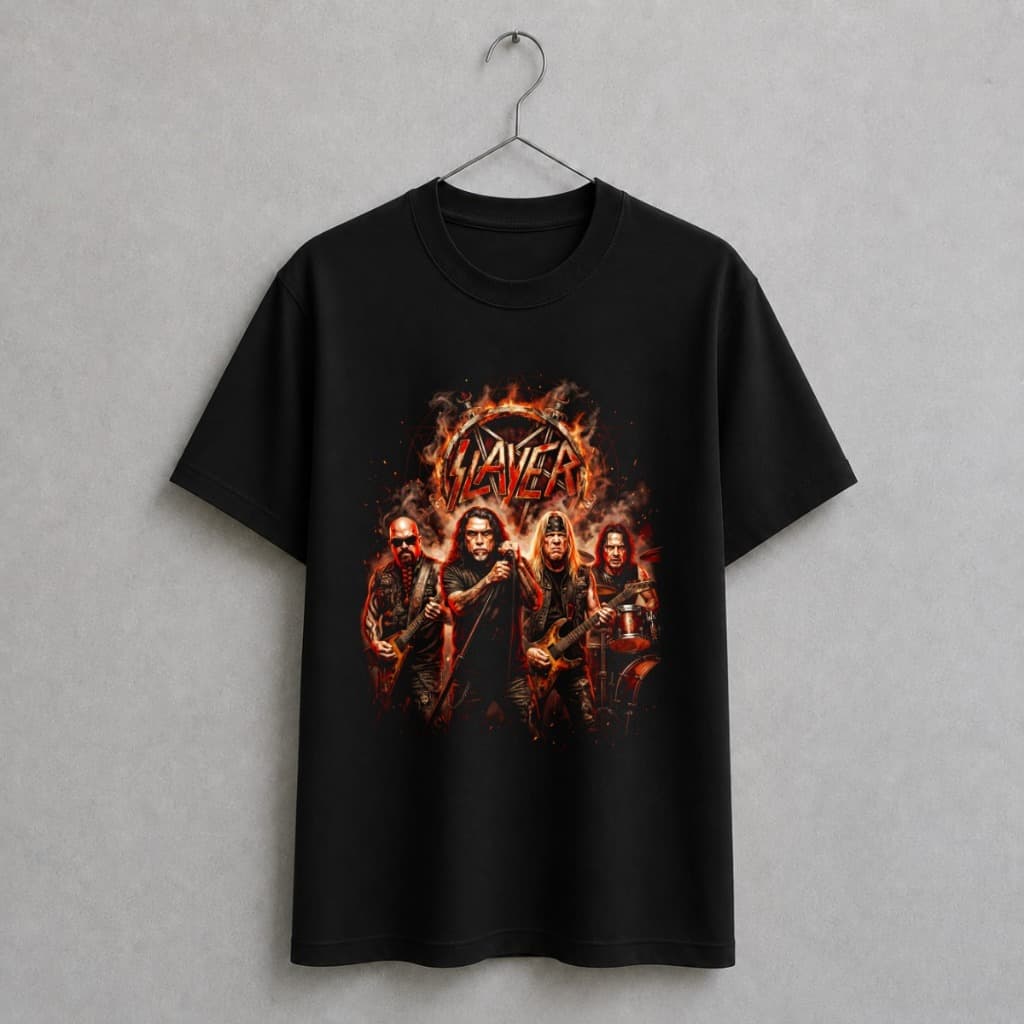 Camiseta 100% Algodão Masculina Estampada Banda de Rock Slayer Logo Musica Alternativa Camisa Casual Diário