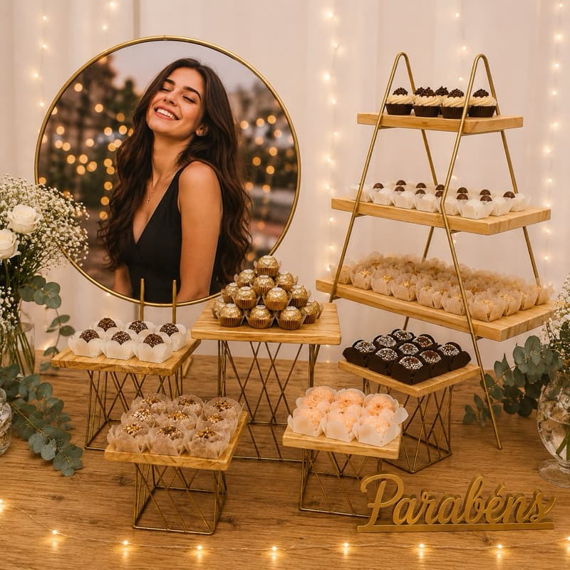 Kit Decoração Festa Luxo Dourado com Escadinha, Boleiras e Painel Redondo