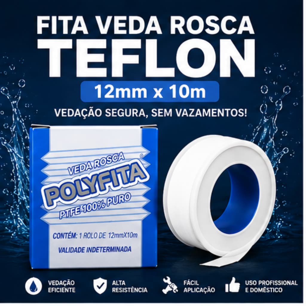 Kit Fita Veda Rosca Teflon 12mm x 10m Para Torneiras Tubulações E Hidráulica