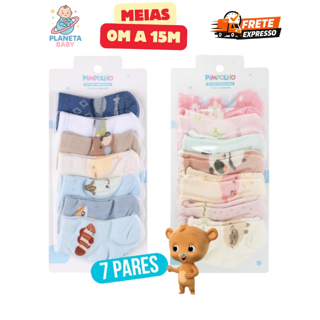 Kit 7 Meias Bebe Pimpolho Estampado Menino Menina Branco Rosa Azul Meia Infantil Recem Nascido