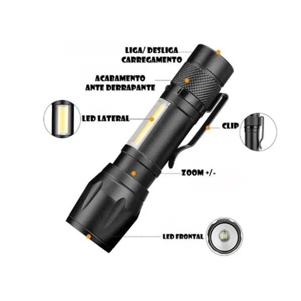 Lanterna tatica regacarregavel com 2 leds, foco regulvel e cabo, longo tempo de bateria,