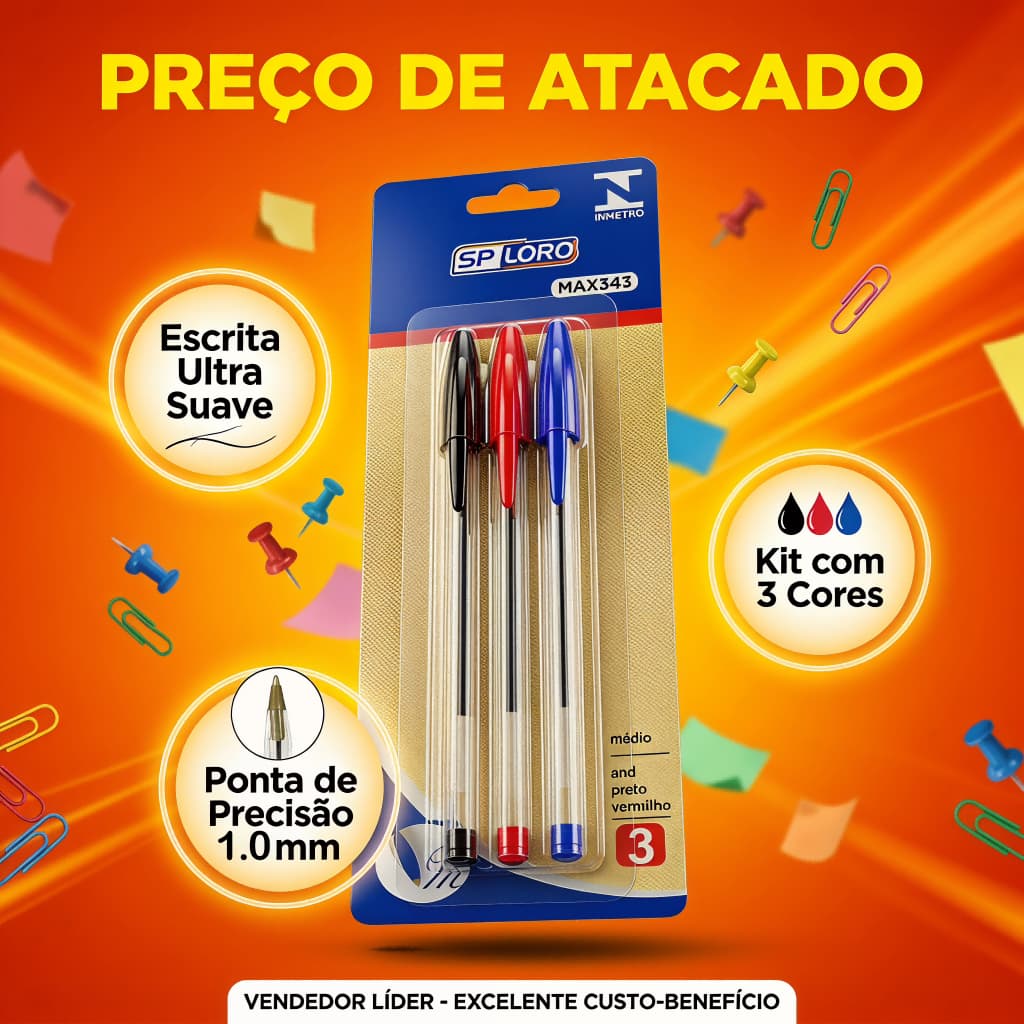 KIT 3 Caneta Esferográfica Azul/Preto/Vermelho Média 1.0mm Escrita Papelaria Escritório Escolar