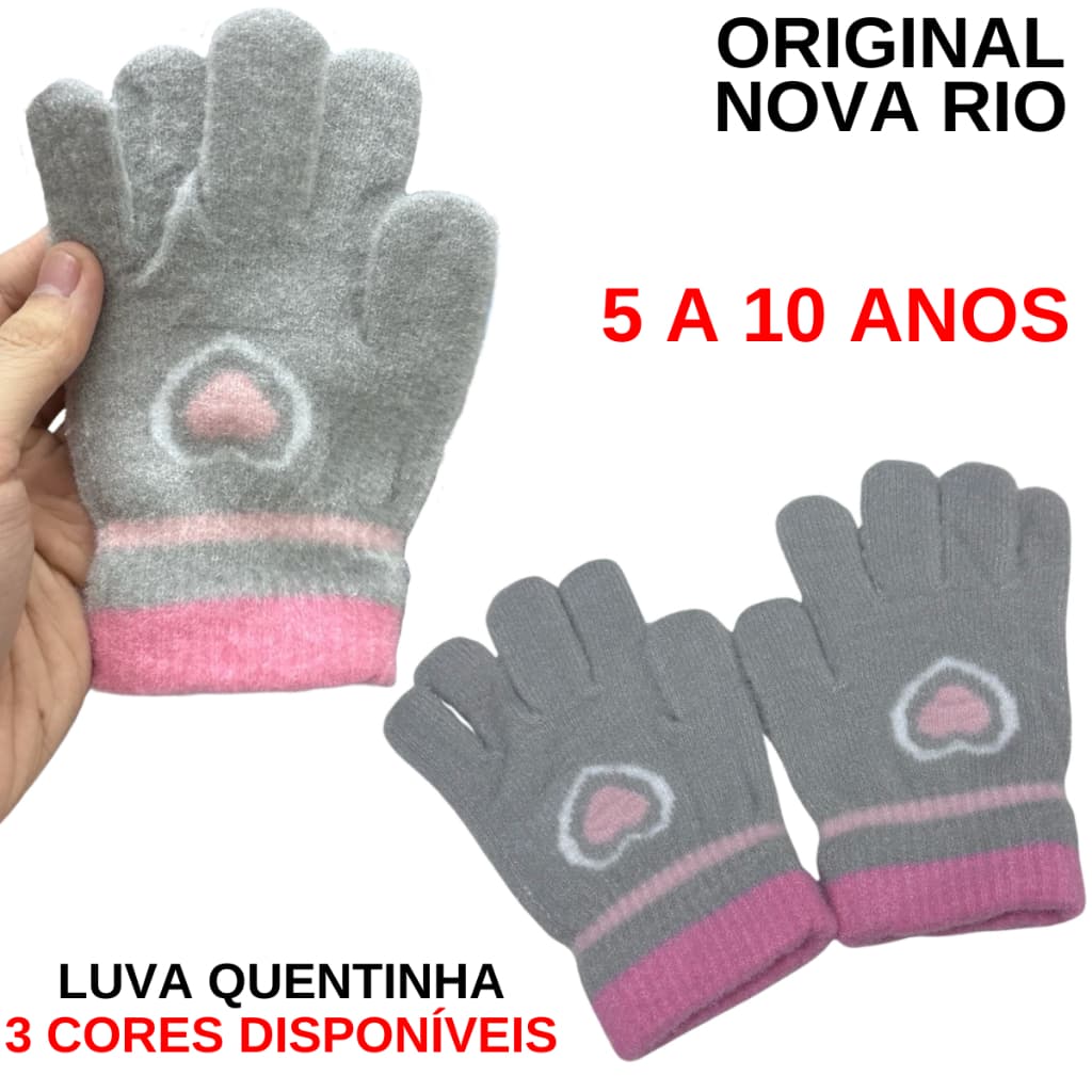 Luva Infantil Coração Feminino Cinza Menina Inverno Frio 5 a 10 Anos Criança Casa Escolar Creche
