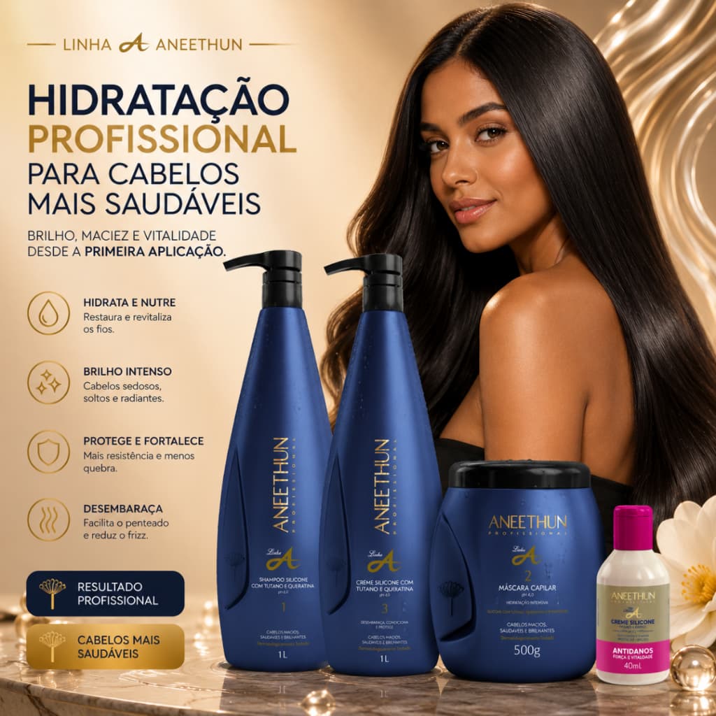 Kit Aneethun Linha A Shampoo 1L Máscara 500g e Creme Silicone 1L Tratamento Capilar Hidratação e Brilho + Brinde