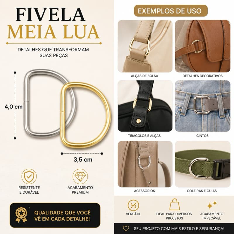 Fivela Meia Lua 4,0cm x 3,5cm – Prata e Dourada