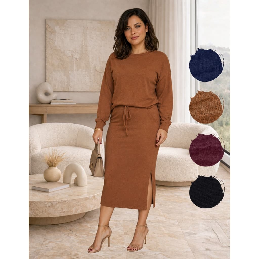 Conjunto Blusa e Saia Midi Evangélico Plus Size com Bolsos Confortável para Culto Inverno