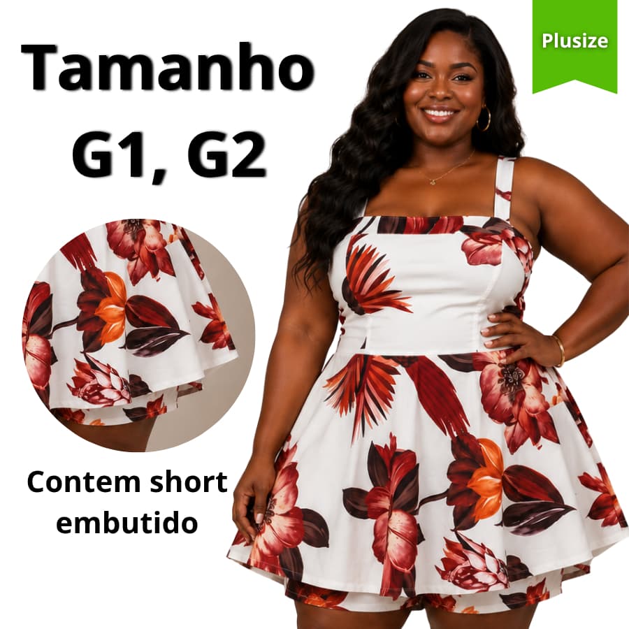 Macaquinho Plus Size G1 G2 Tropical Short Saia Com Forro e Elastex  nas costas  Moda Verão Inverno