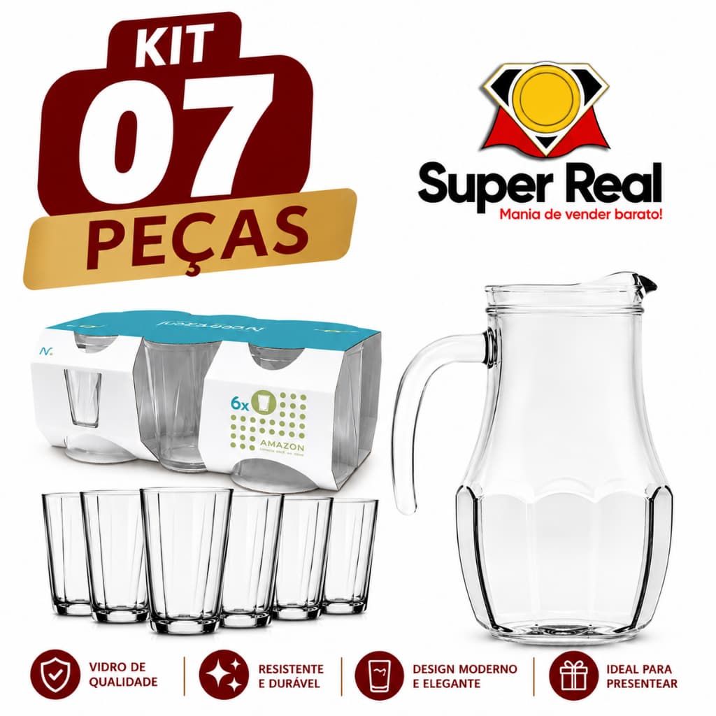 Conjunto 7 Pçs c/ 1 Jarra Bar Vidro Tango 1,5L + Jogo 6 Copos Amazonas 190ML Nadir Figuereido