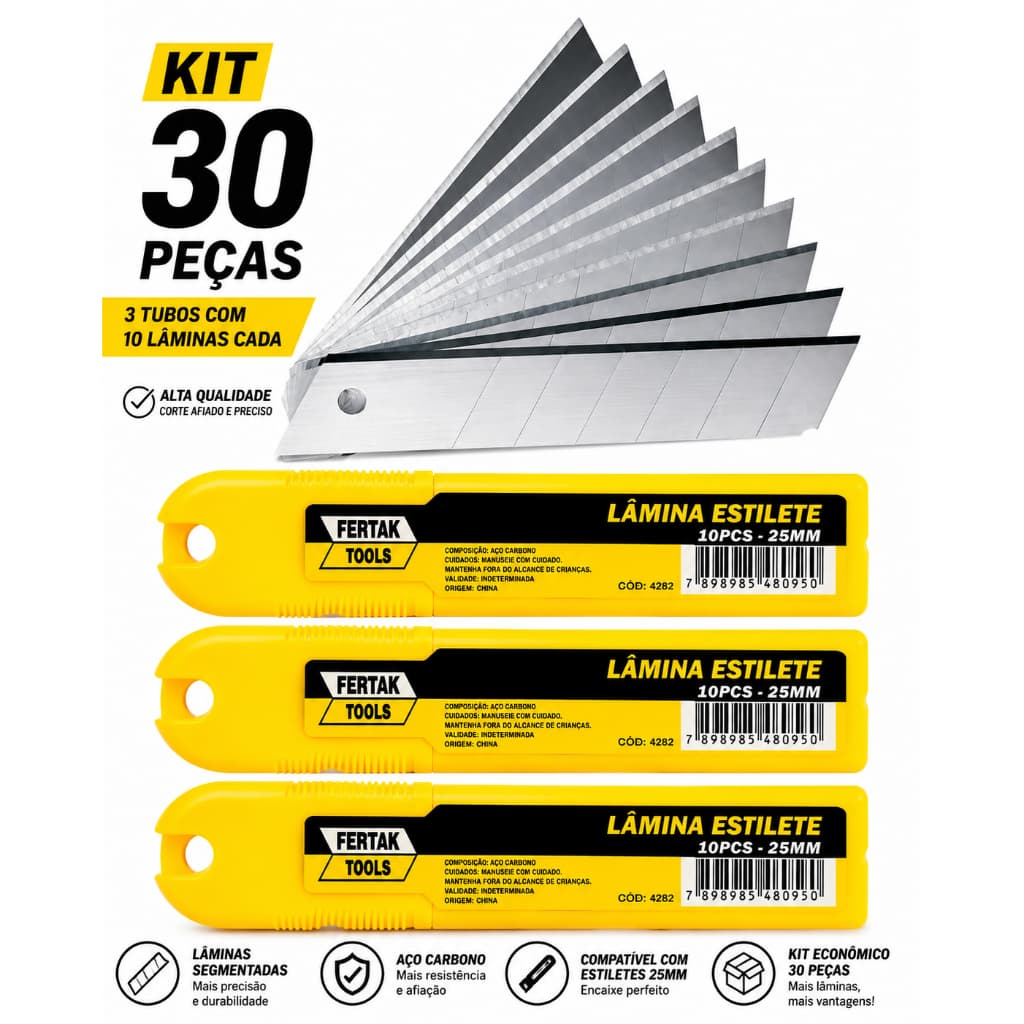 Kit Com 30 Lâminas Para Estilete Profissional de 25mm Da Fertak Tools
