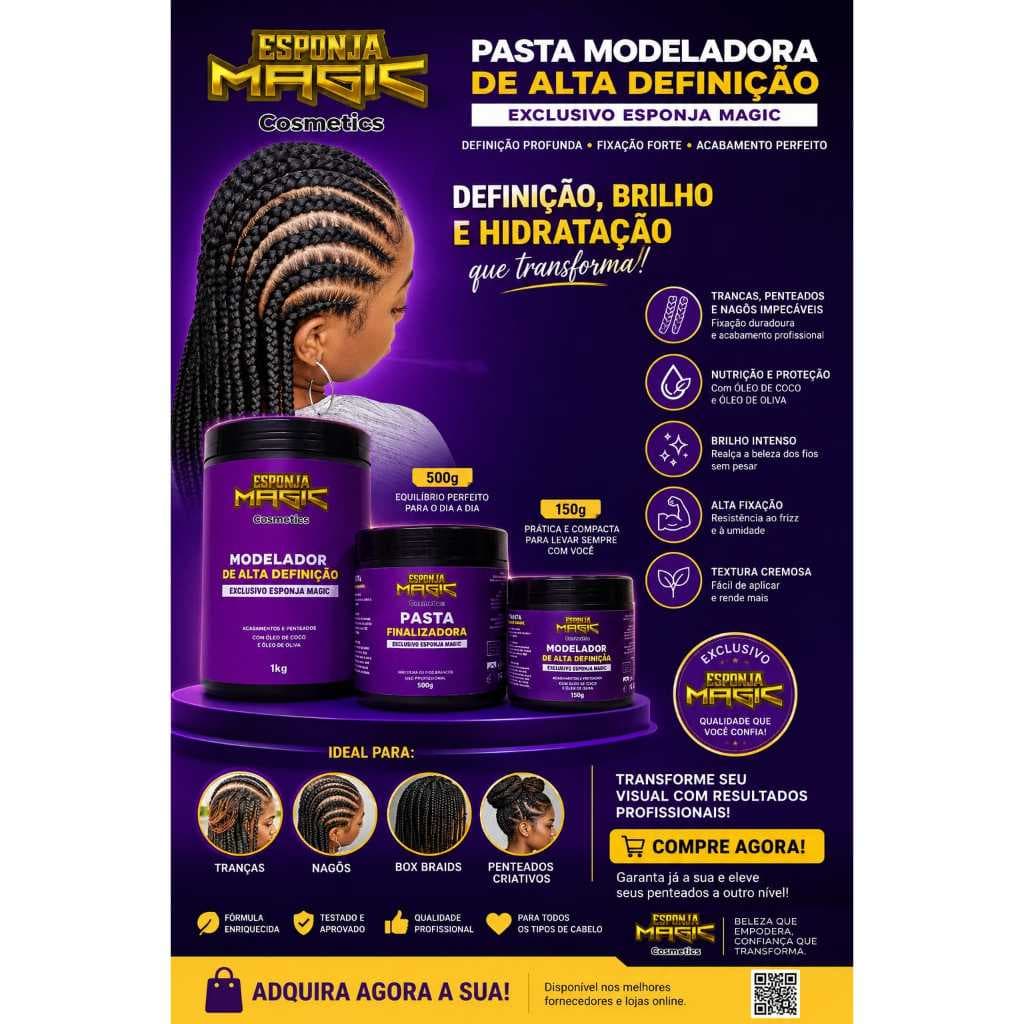 MODELADOR DE TRANÇAS PASTA FINALIZADORA ESPONJA MAGIC 1KG, 500G, 150G.