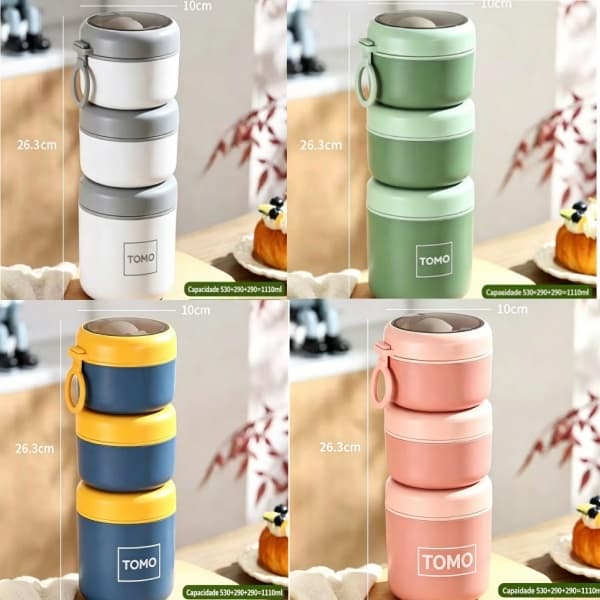 KIT3 Marmita Inox / Copo Térmico  para aveia  bloqueio  temperatura e reservação  Salada  fruta Iogurte e Sop com Colhe