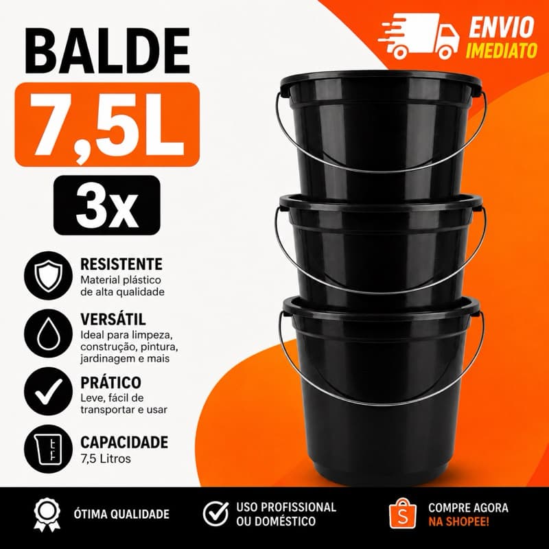 Balde 7,5L Reforçado Com Alça Metálica Resistente Multiuso Limpeza Casa Jardim Construção