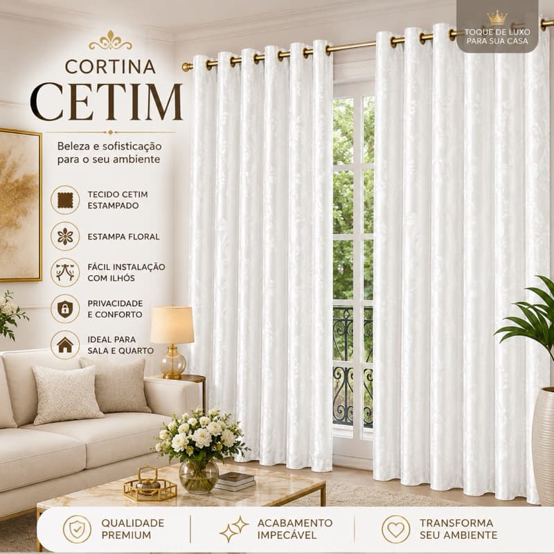 Cortina Cetim Estampada Floral Luxo com Ilhós 3,00x2,70 para Sala e Quarto Elegante e Sofisticada